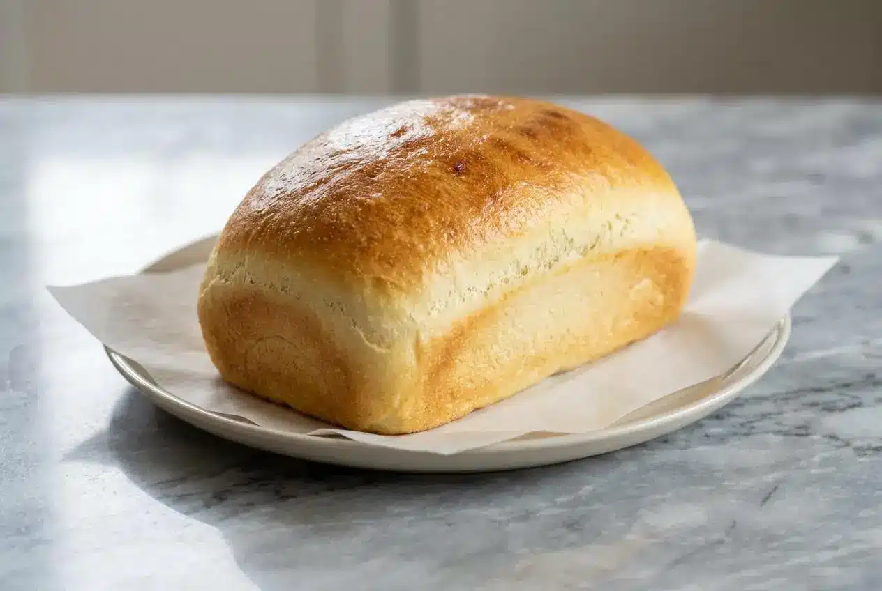 A golden loaf of zero carb yogurt bread with a light, fluffy crumb from whipped egg whites, sliced on a wooden board.