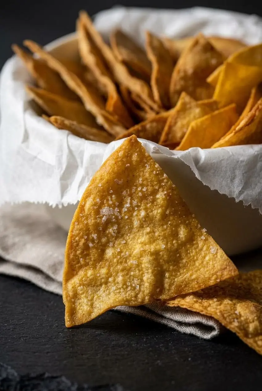 An extreme close-up of crispy, golden tortilla chips tumbling from a bowl, highlighting their bubbly texture and flecks of coarse salt.
