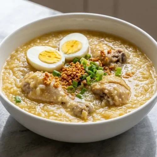 A warm bowl from an Arroz Caldo recipe, topped with chicken, a hard-boiled egg, and a rich swirl of ginger-garlic infused oil.