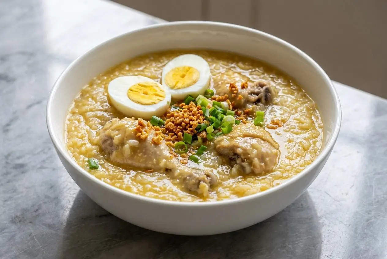 A warm bowl from an Arroz Caldo recipe, topped with chicken, a hard-boiled egg, and a rich swirl of ginger-garlic infused oil.