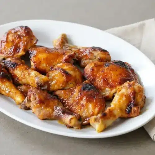 Baked BBQ chicken thighs and drumsticks in a dark enamel baking dish, glistening with a sticky, caramelized glaze.