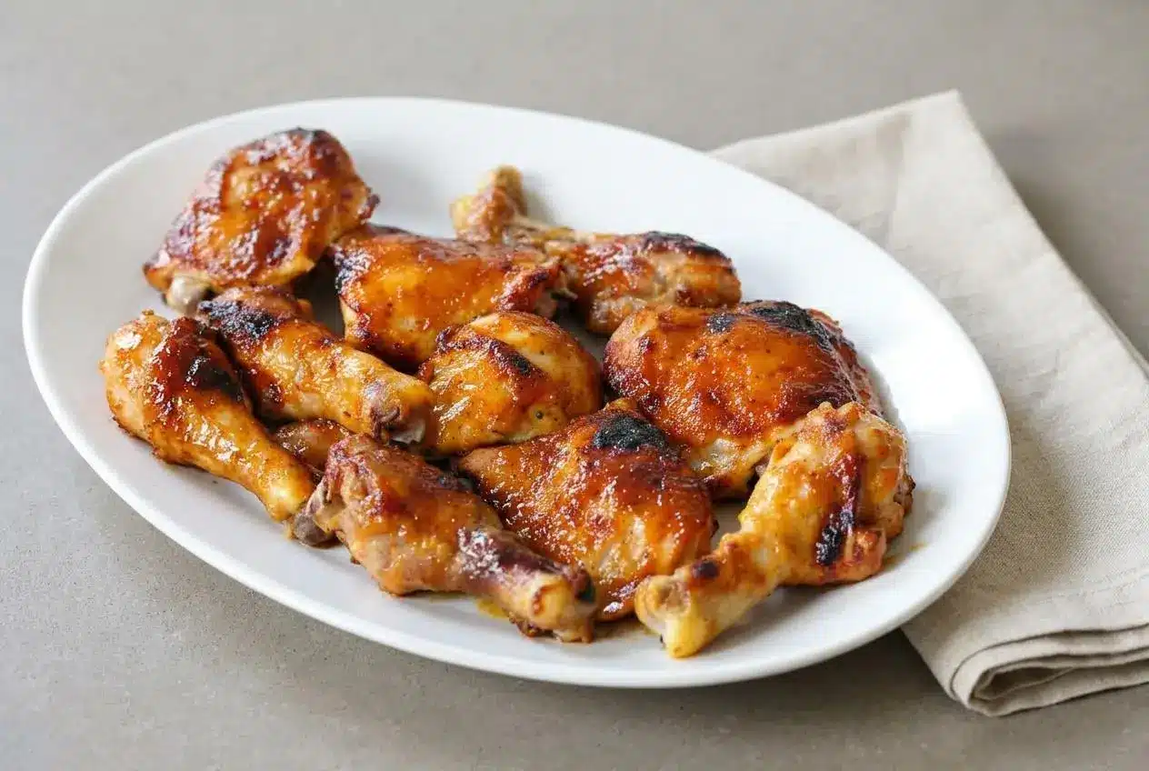 Baked BBQ chicken thighs and drumsticks in a dark enamel baking dish, glistening with a sticky, caramelized glaze.