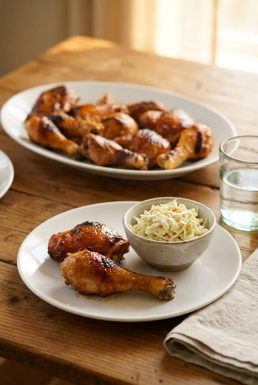 A white plate holding two pieces of baked BBQ chicken served next to a small bowl of creamy coleslaw on a rustic wooden table.