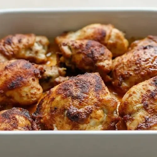 Baked boneless chicken thighs in a white baking dish, showing a savory, caramelized crust from the spice rub.