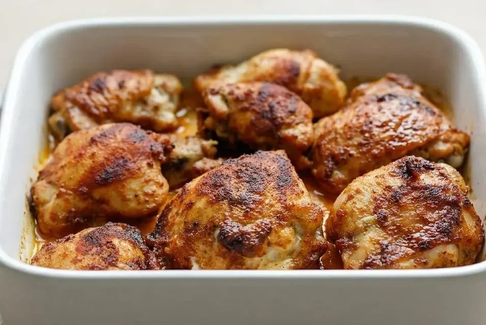 Baked boneless chicken thighs in a white baking dish, showing a savory, caramelized crust from the spice rub.
