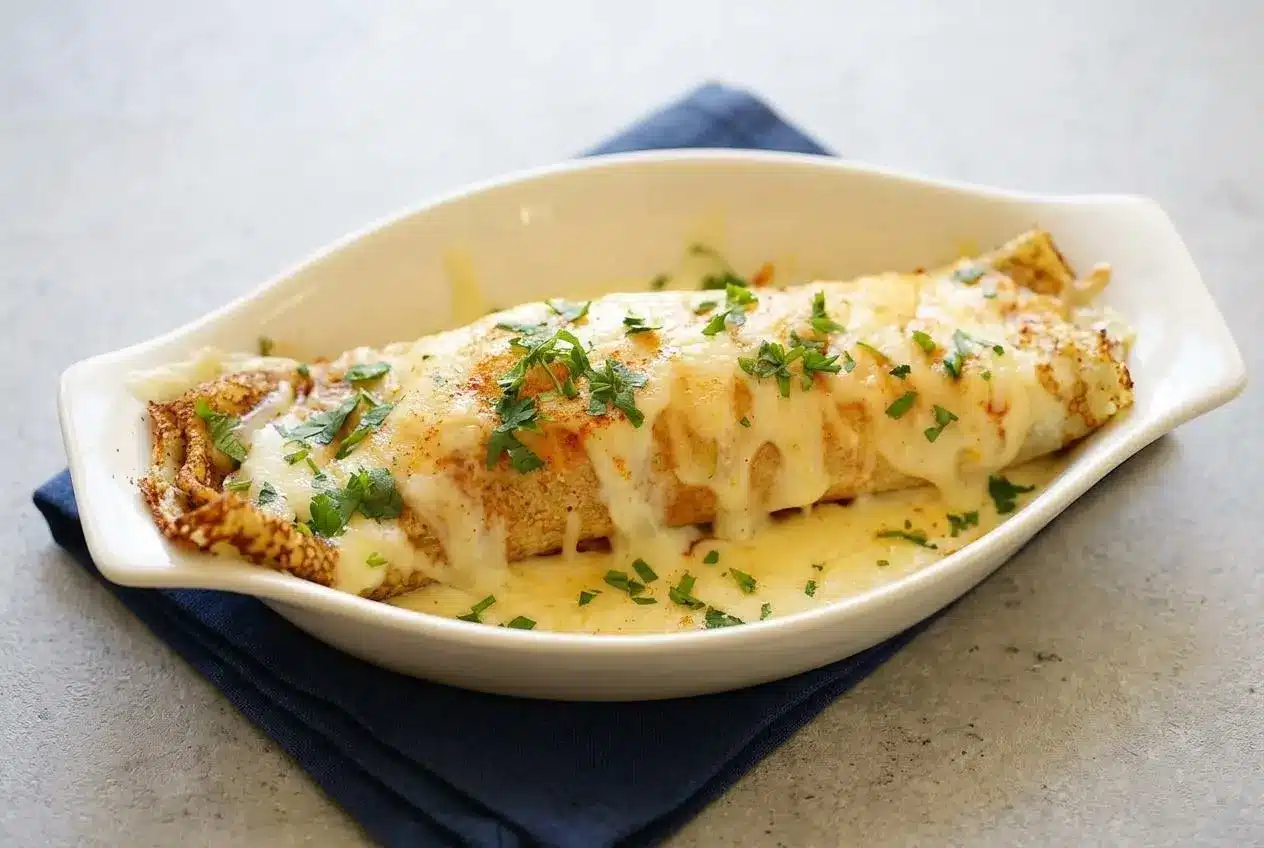 Two savory chicken crepes in a white dish, topped with a rich, golden-brown bubbly cheese crust and fresh parsley.