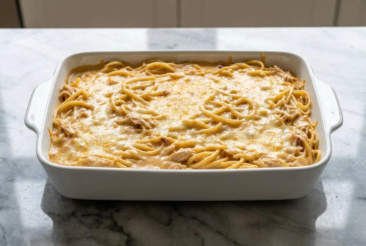 A 9x13 baking dish of homemade chicken spaghetti recipe with a bubbly, golden-brown cheddar and Gruyère cheese crust.