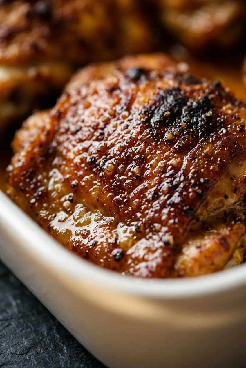 An extreme close-up of a baked chicken thigh, showing the glistening, caramelized texture of the spice-rubbed crust.