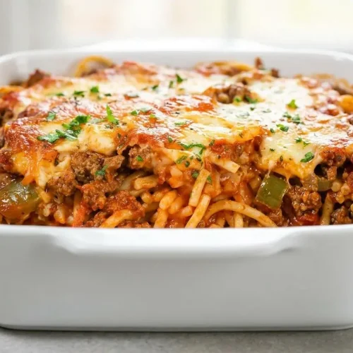 Baked Spaghetti Casserole in a baking dish with a slice removed, showing the saucy interior and golden-brown mozzarella topping.