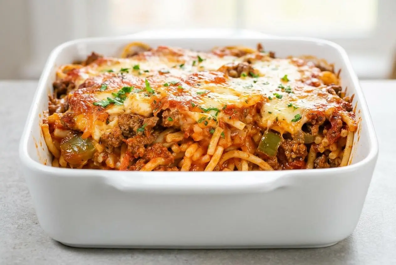 Baked Spaghetti Casserole in a baking dish with a slice removed, showing the saucy interior and golden-brown mozzarella topping.