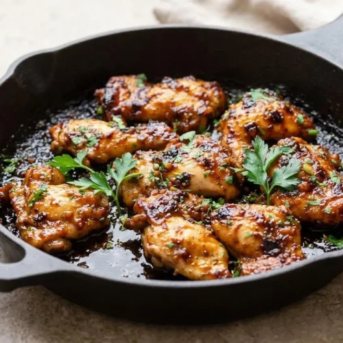 Oven-baked balsamic chicken thighs in a baking dish, glistening with a sticky, dark balsamic glaze and sprinkled with herbs.