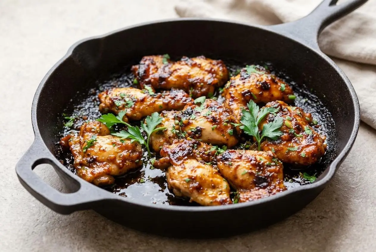 Oven-baked balsamic chicken thighs in a baking dish, glistening with a sticky, dark balsamic glaze and sprinkled with herbs.