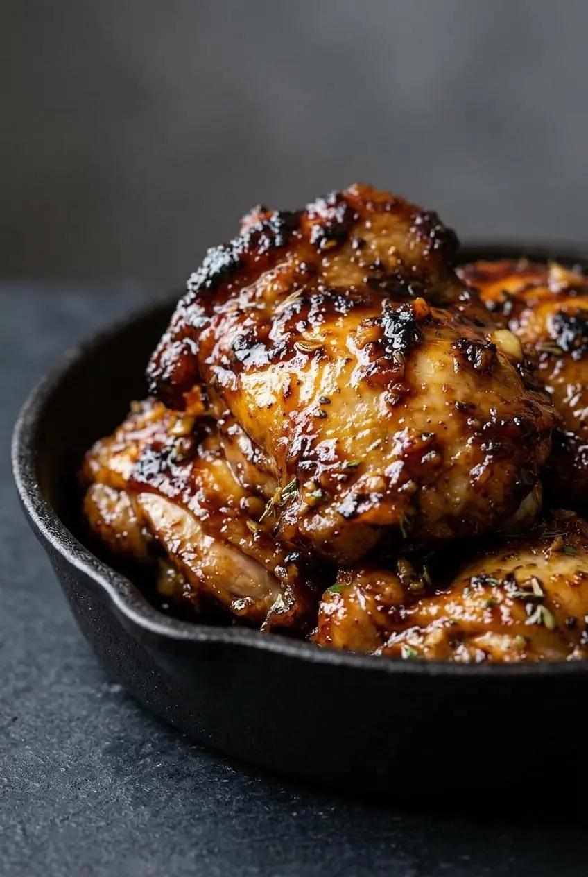 A close-up macro view of a baked chicken thigh showing the thick, sticky balsamic glaze with caramelized edges and herbs.