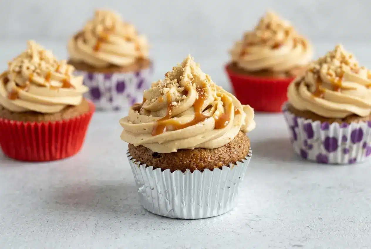 A banana caramel peanut butter cupcakes with a tall, two-tone swirl of peanut butter and caramel frosting on a dark surface.