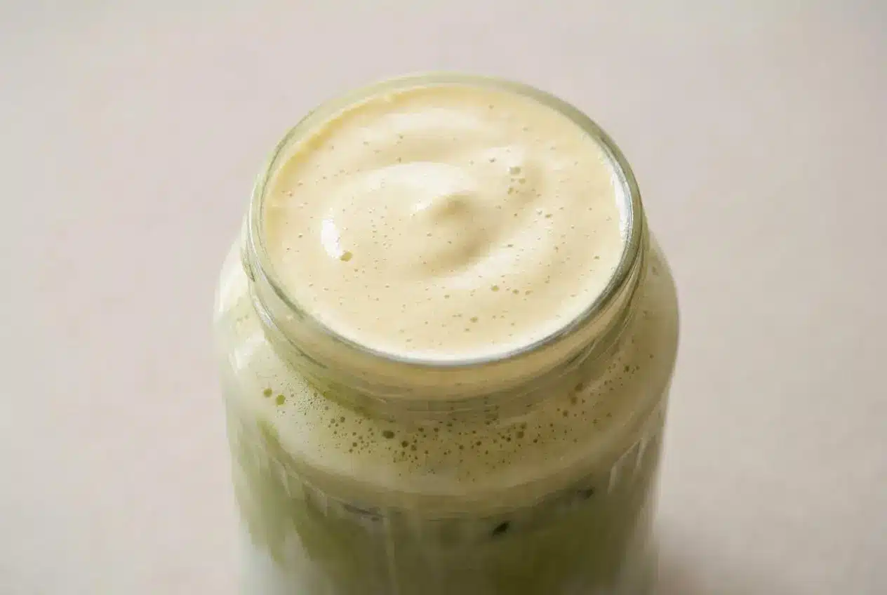 A tall glass of iced coffee topped with a thick, creamy layer of banana cold foam.