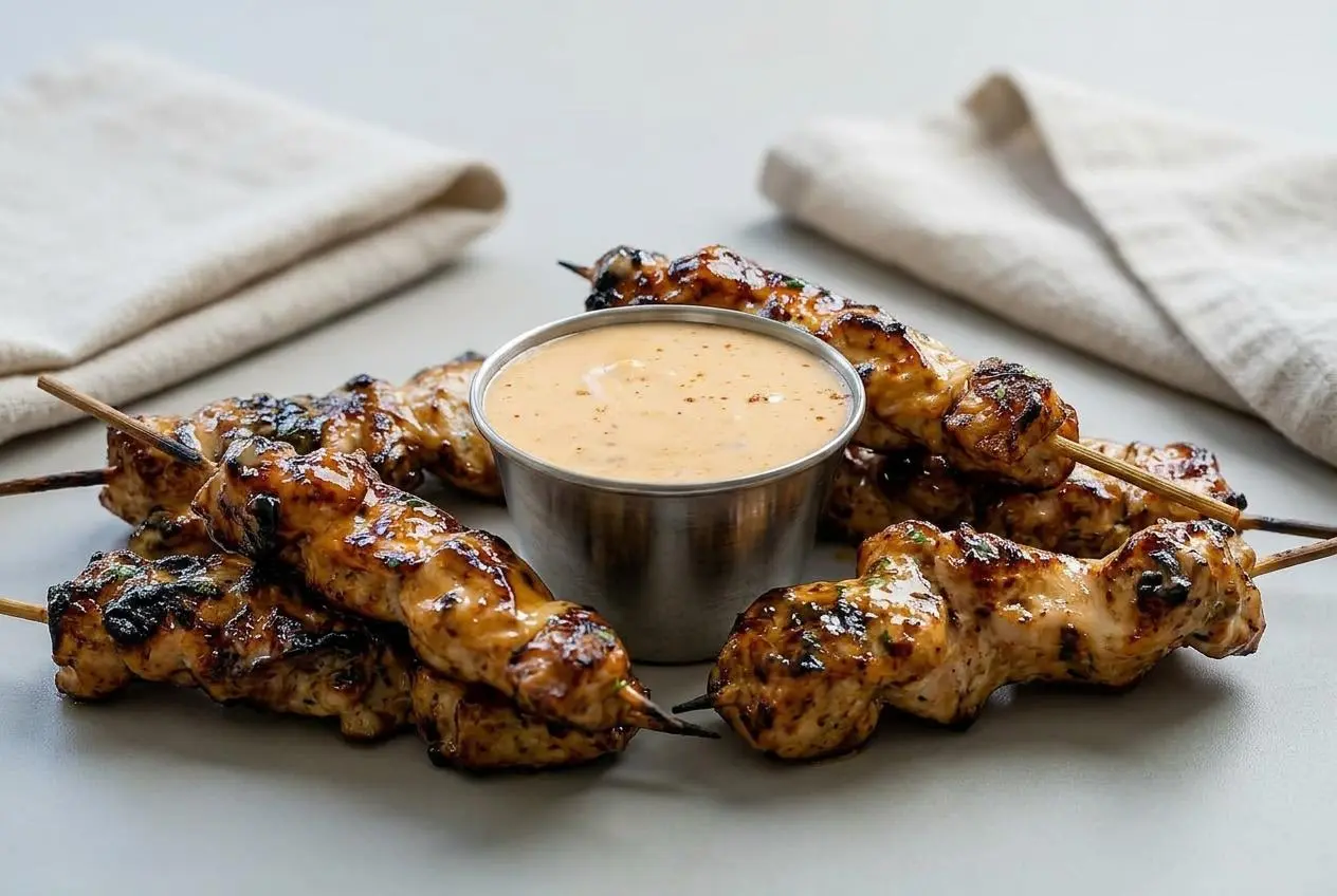 A platter of Bang Bang Chicken Skewers with a creamy sauce, showing a lightly charred finish and garnished with chopped green onions.