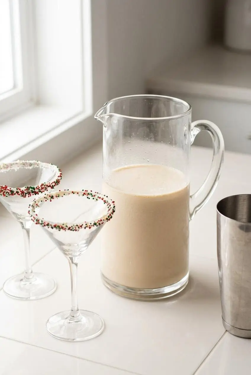 A large glass pitcher of Sugar Cookie Martini mix on a kitchen counter next to two prepared martini glasses with sprinkle rims.