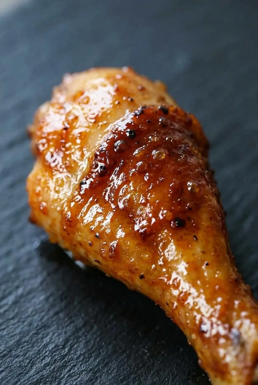 Extreme close-up of a single piece of baked BBQ chicken, showing the bubbly, charred, and lacquered texture of the sauce on the skin.