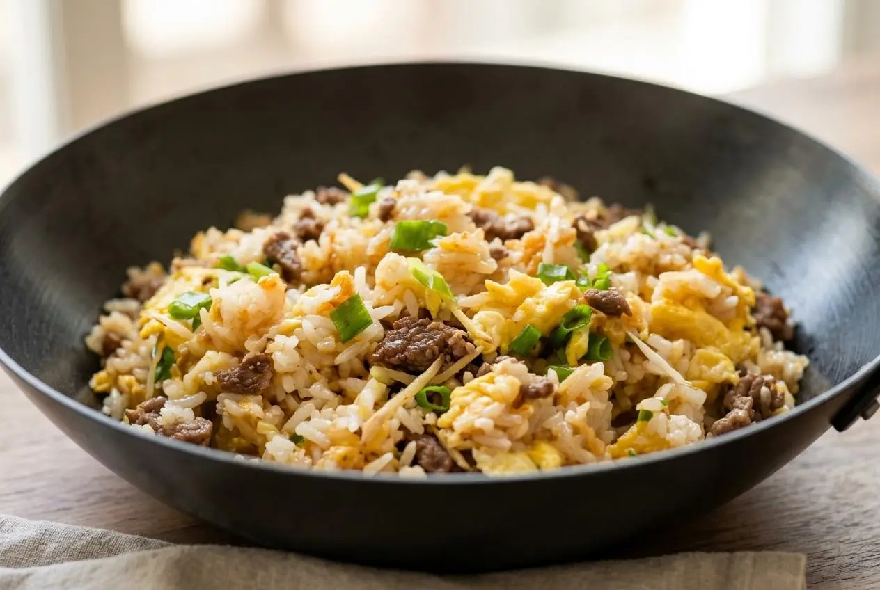 A large bowl of beef fried rice with fluffy separate grains of rice, tender minced beef, scrambled egg, and diced green onion.