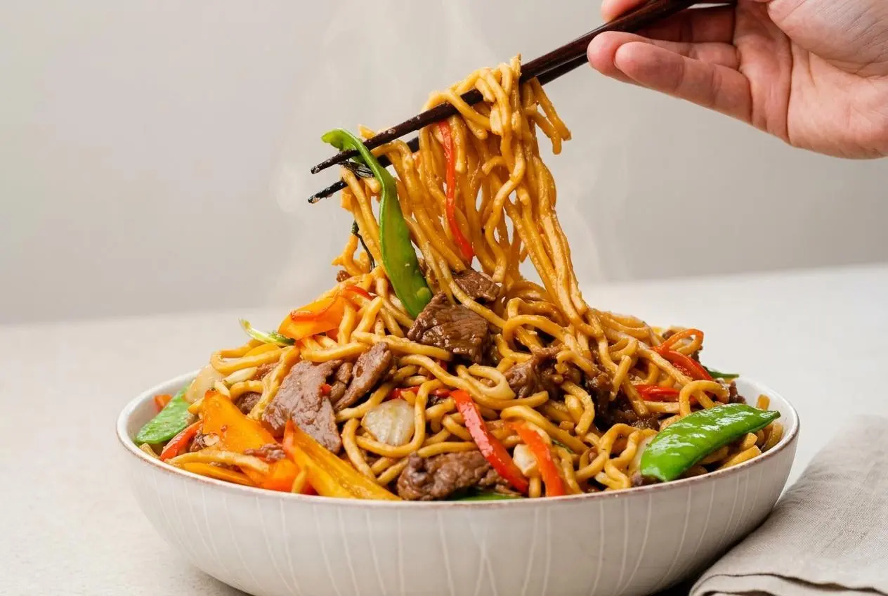 A large white bowl of beef lo mein recipe with tender beef slices, chewy noodles, and crisp vegetables all coated in a glossy savory sauce.