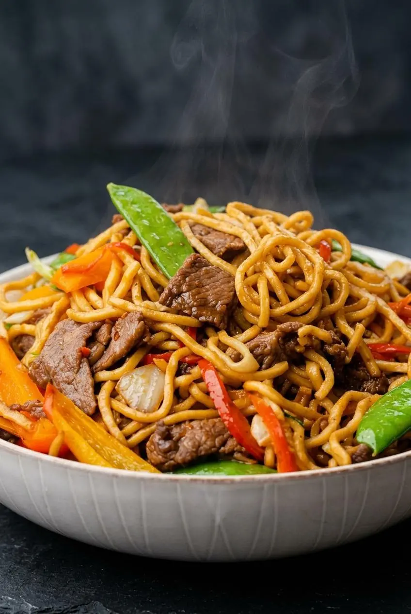 A close-up macro shot of beef lo mein, showing the glossy texture of the noodles and the velvety surface of the tender beef slices.