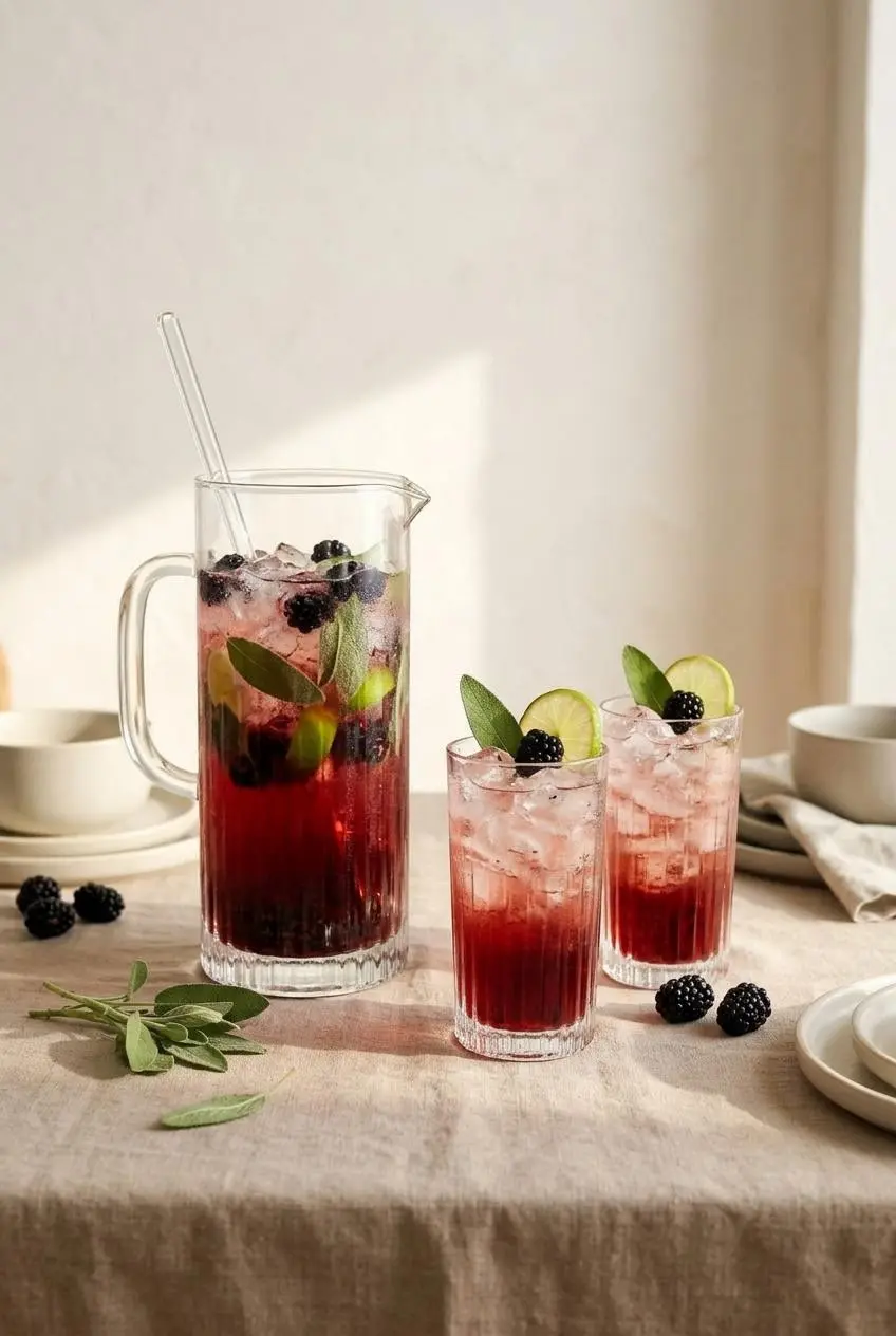 A pitcher of blackberry sage iced tea on a table next to two filled glasses, ready to be served at a party.