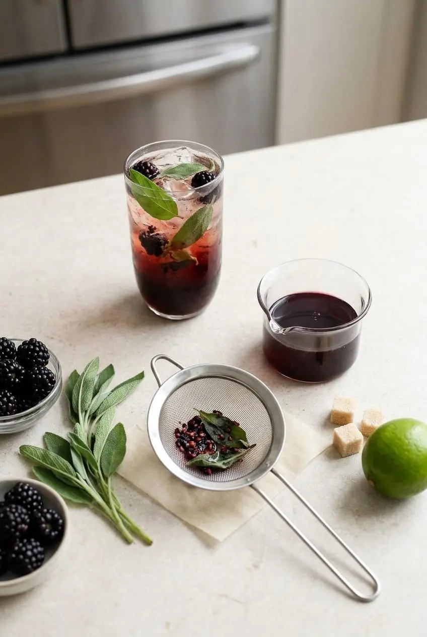 An overhead view showing a glass of iced tea next to a small bowl of blackberry sage syrup and a sieve, illustrating two flavor methods.