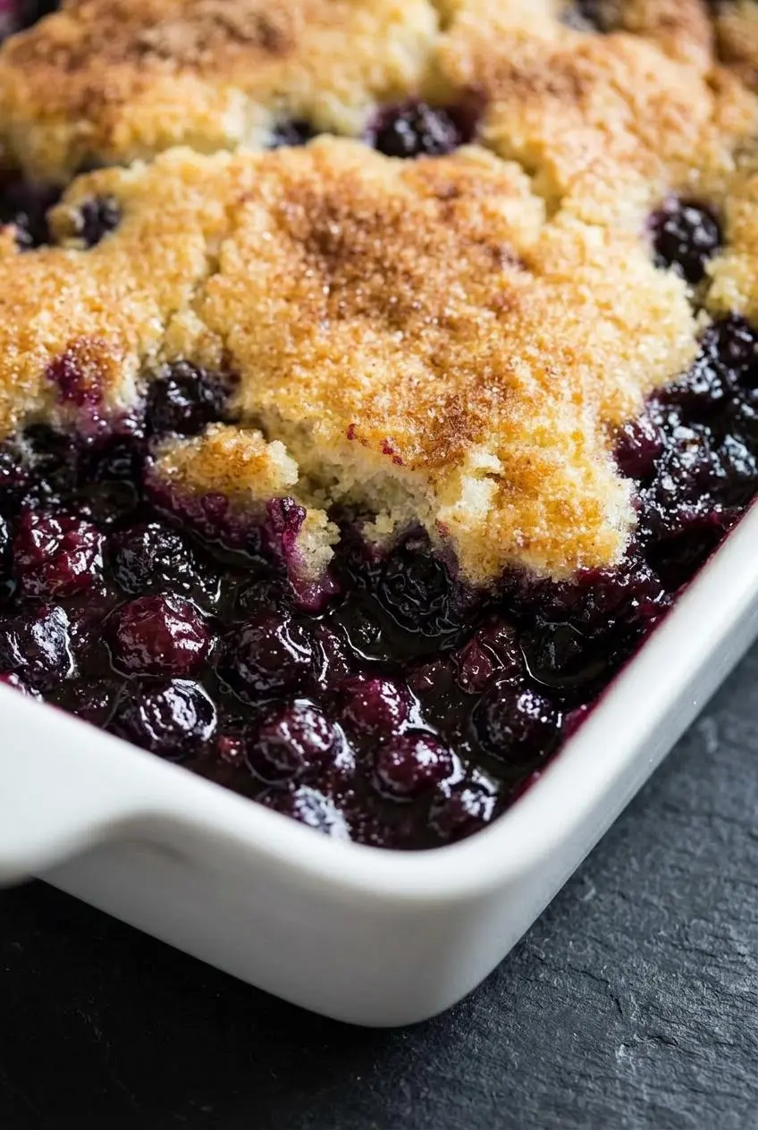 A close-up macro shot of the corner of a blueberry cobbler, showing the texture of the golden-brown topping and the dark, bubbling blueberry