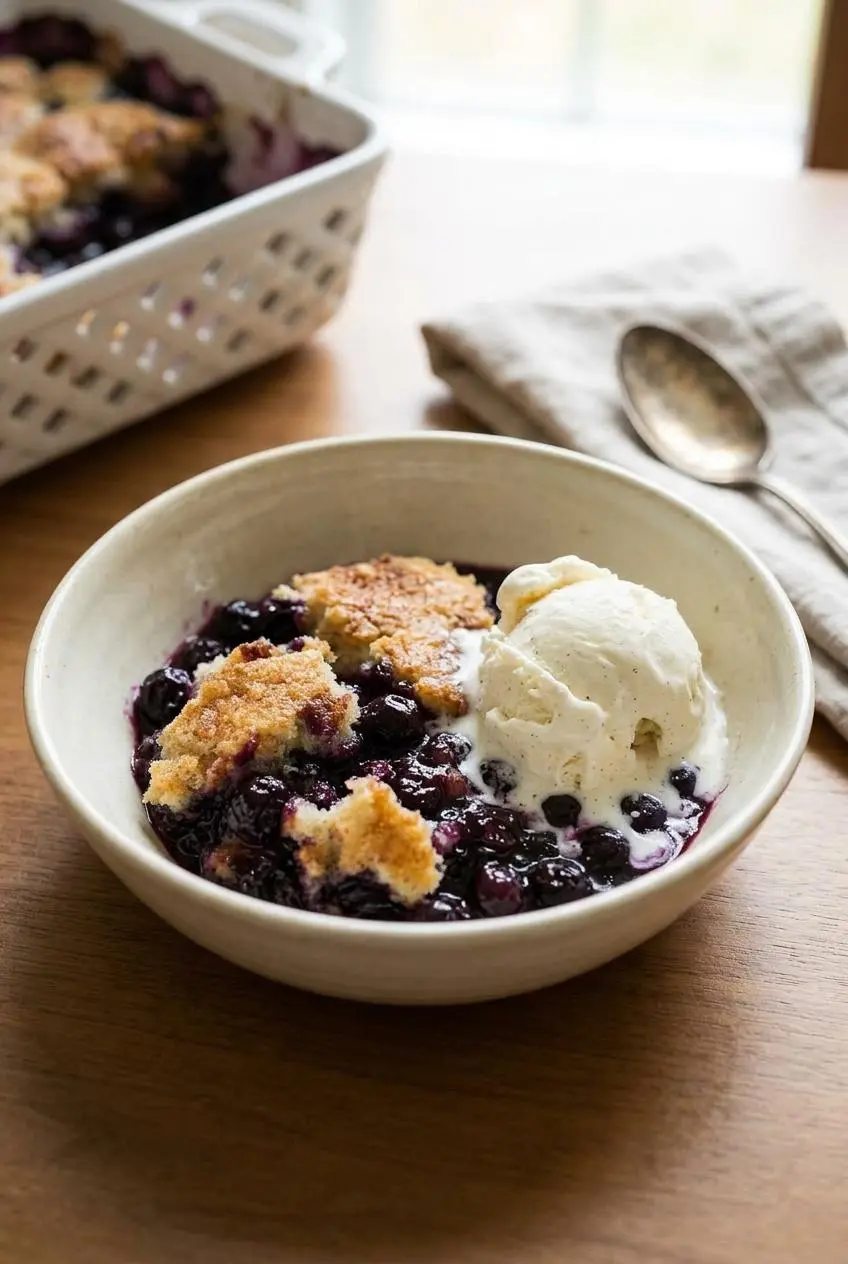 A scoop of warm blueberry cobbler in a rustic bowl, topped with a scoop of vanilla bean ice cream that is just beginning to melt.