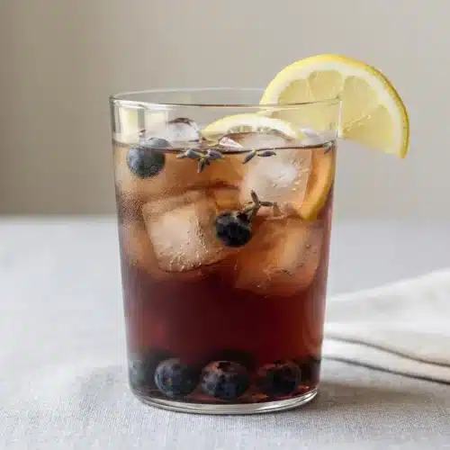 A tall glass of Blueberry Lavender Iced Tea over ice, garnished with a fresh lemon slice, showing its smooth, jewel-toned purple color.