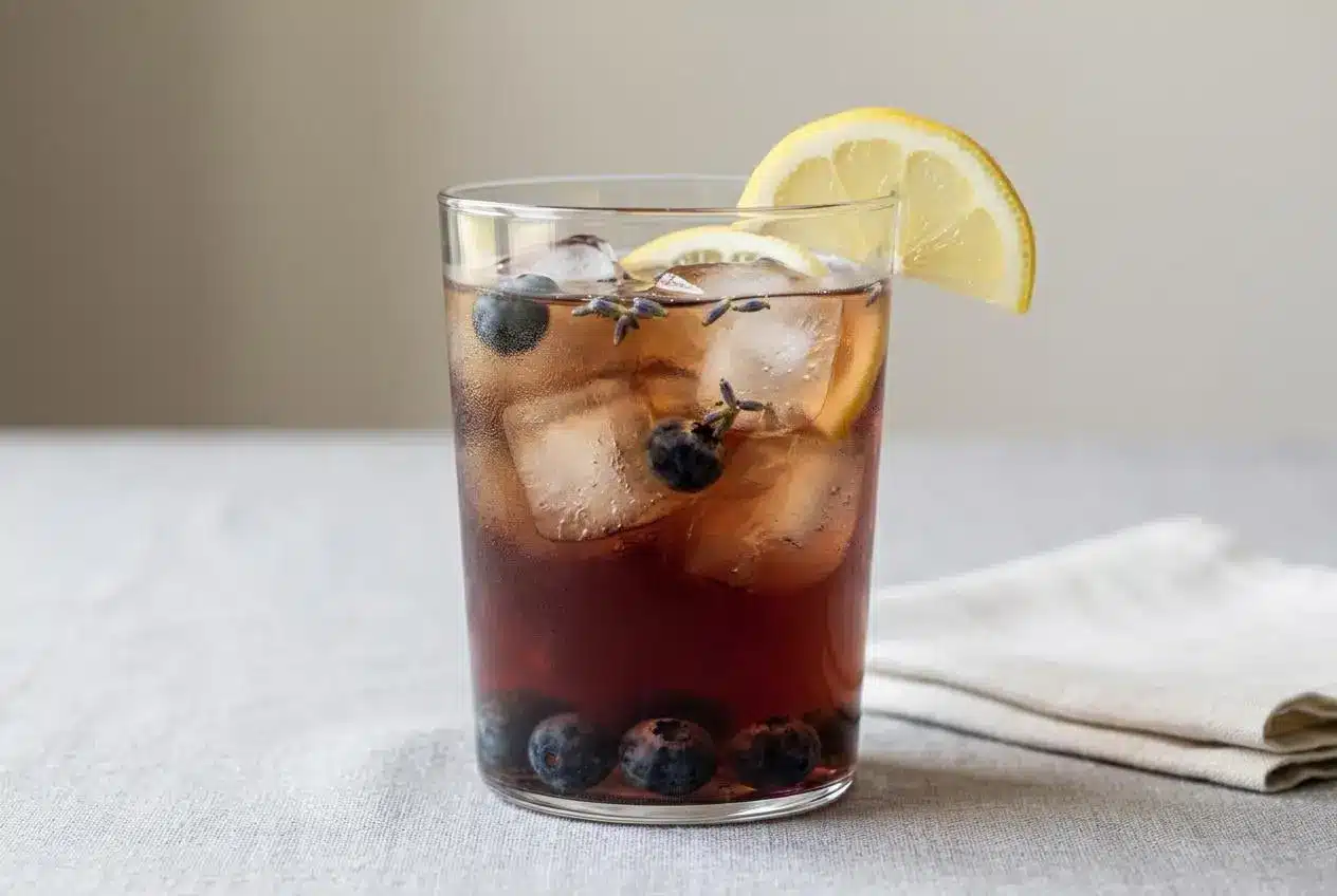 A tall glass of Blueberry Lavender Iced Tea over ice, garnished with a fresh lemon slice, showing its smooth, jewel-toned purple color.