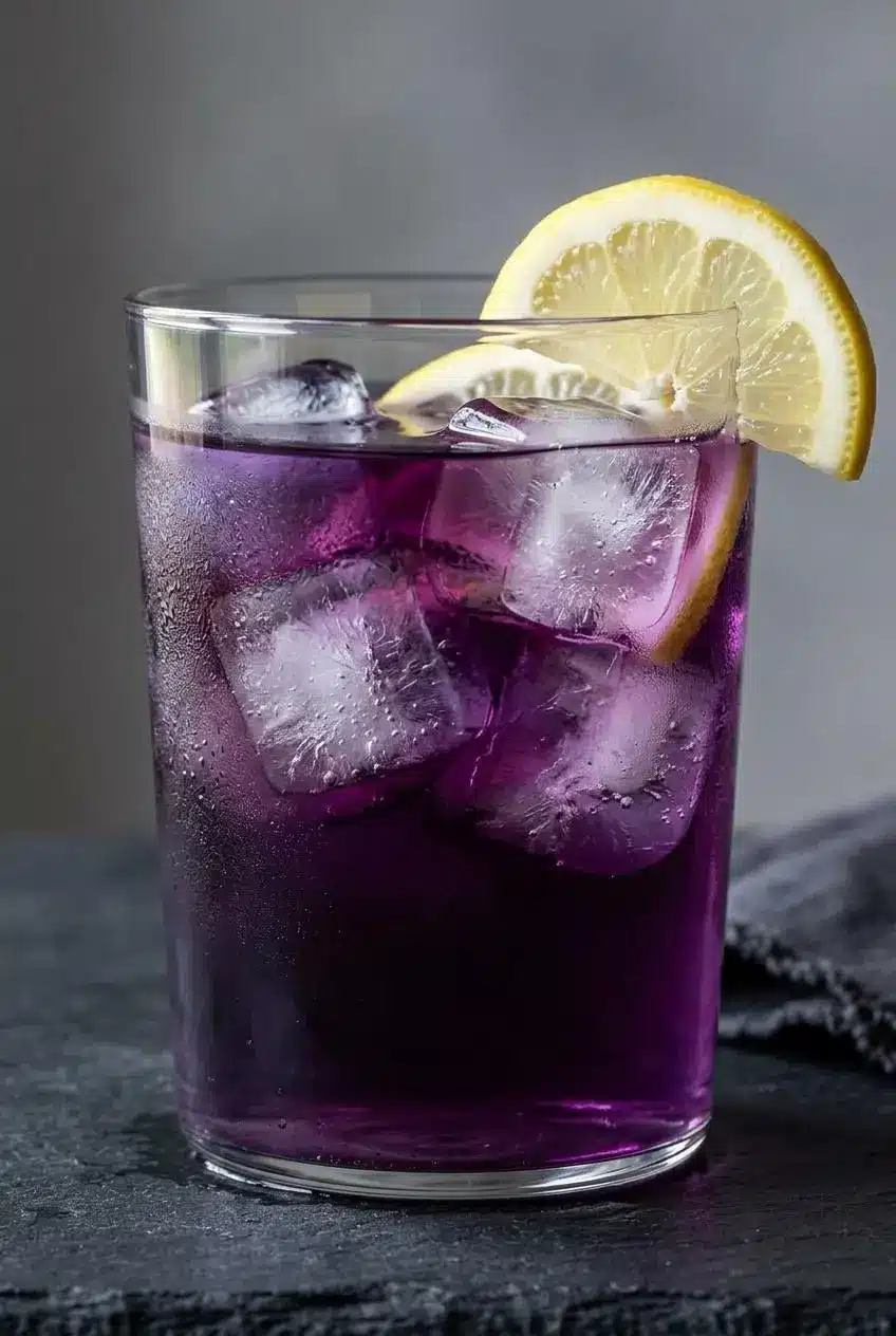 A macro close-up of blueberry lavender tea in a glass, highlighting the condensation, clear ice cubes, and a single slice of lemon.