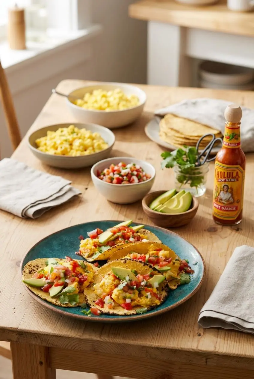 A breakfast taco bar with finished tacos on a plate, and small bowls of pico de gallo, sliced avocado, and fresh cilantro.