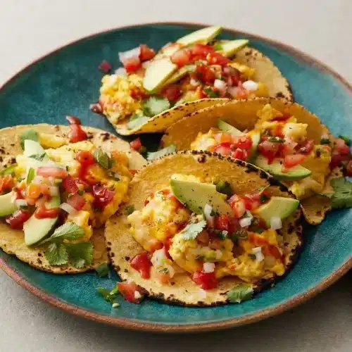 Two breakfast tacos in corn tortillas filled with fluffy scrambled eggs, sliced avocado, pico de gallo, and fresh cilantro on a white plate.