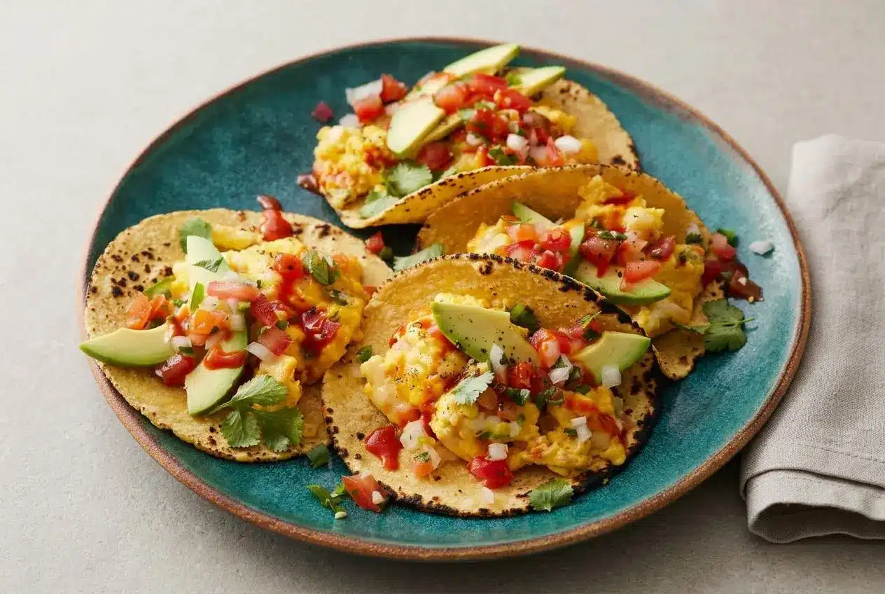 Two breakfast tacos in corn tortillas filled with fluffy scrambled eggs, sliced avocado, pico de gallo, and fresh cilantro on a white plate.