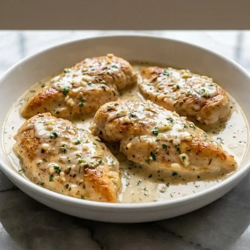 Pan-seared Creamy Herb Chicken with a nutty brown butter finish, nestled in a rich cream sauce with fresh parsley.