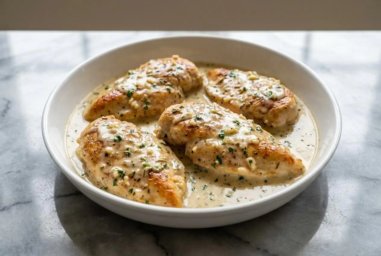 Pan-seared Creamy Herb Chicken with a nutty brown butter finish, nestled in a rich cream sauce with fresh parsley.