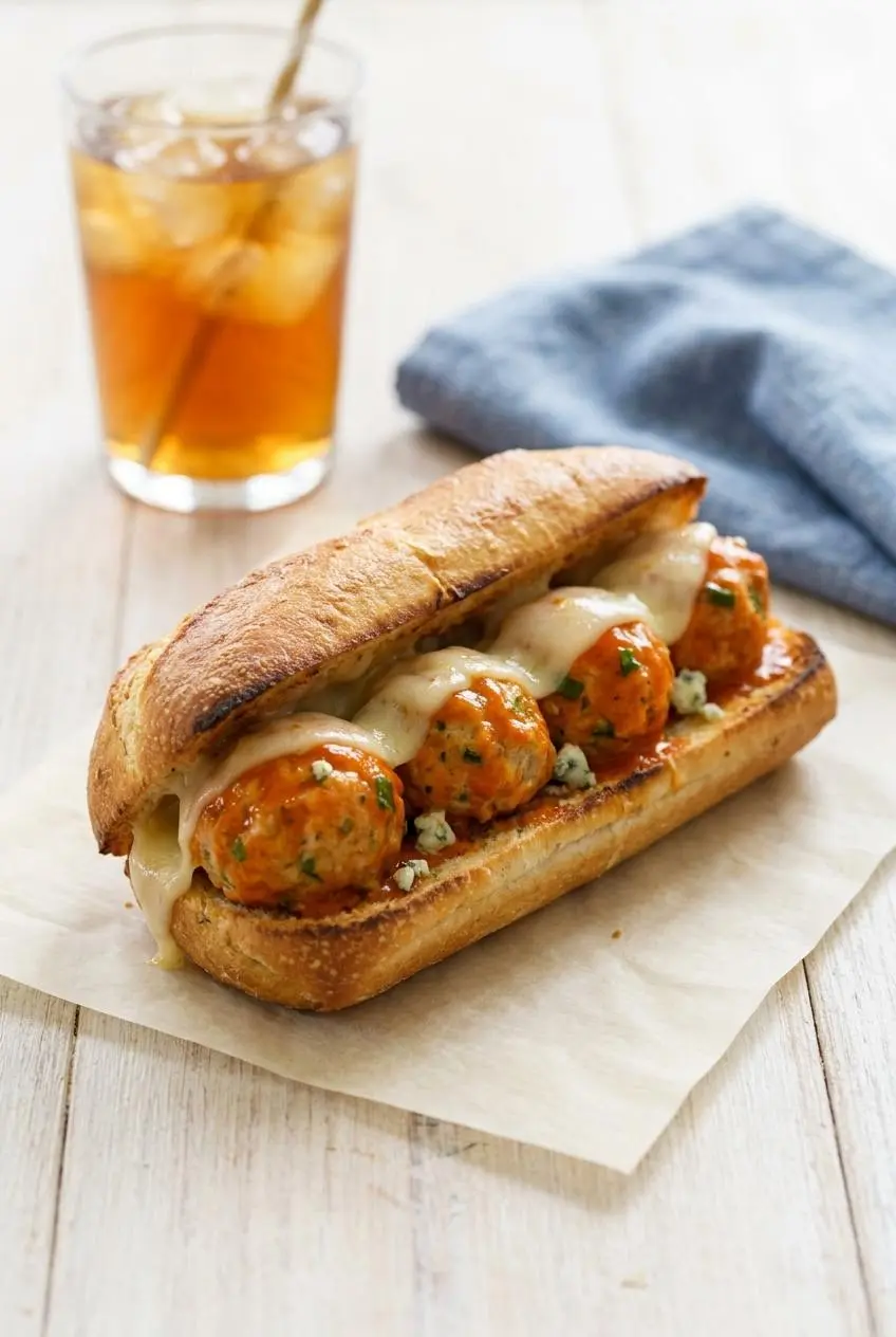 A toasted sub roll filled with saucy buffalo chicken meatballs and melted provolone cheese, ready to eat.