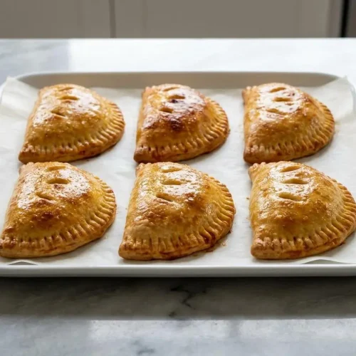 Golden-brown Buffalo Chicken Pizza Pockets on a cooling rack, glistening with a garlic-ranch butter glaze and sprinkled with herbs.