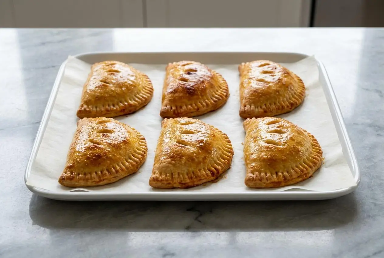 Golden-brown Buffalo Chicken Pizza Pockets on a cooling rack, glistening with a garlic-ranch butter glaze and sprinkled with herbs.