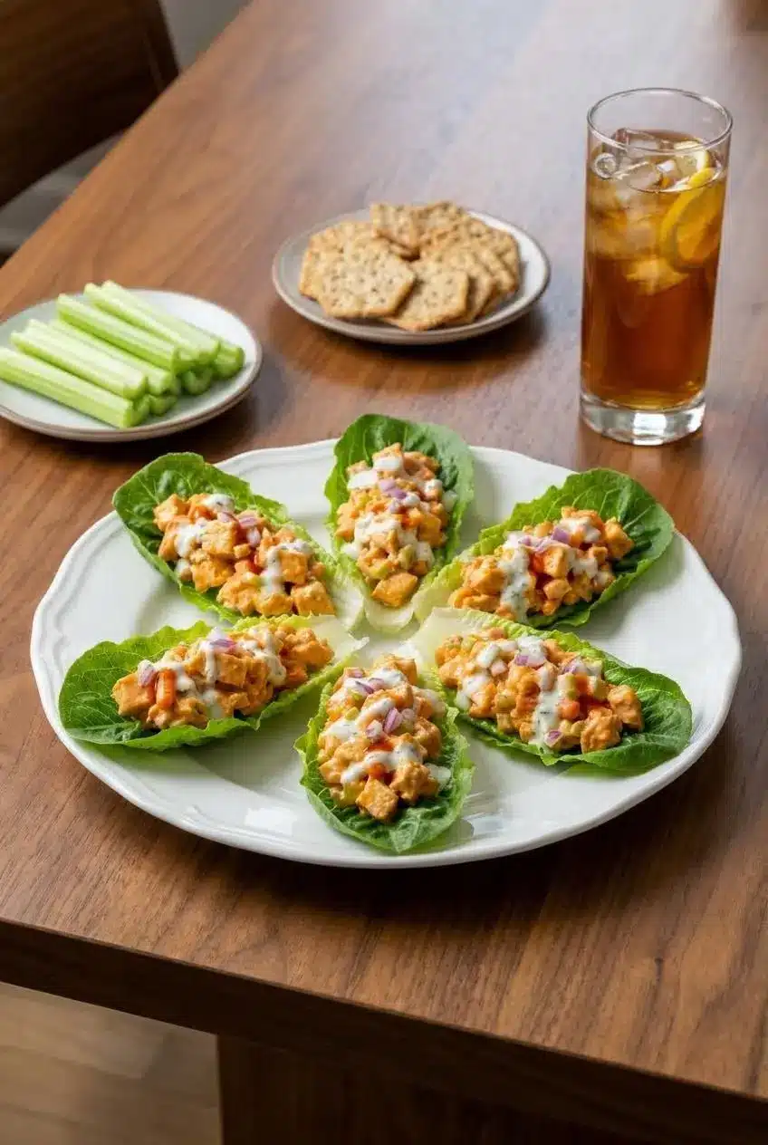 A scoop of spicy Buffalo Chicken Salad served in a crisp lettuce wrap, ready to be eaten as a low-carb lunch.
