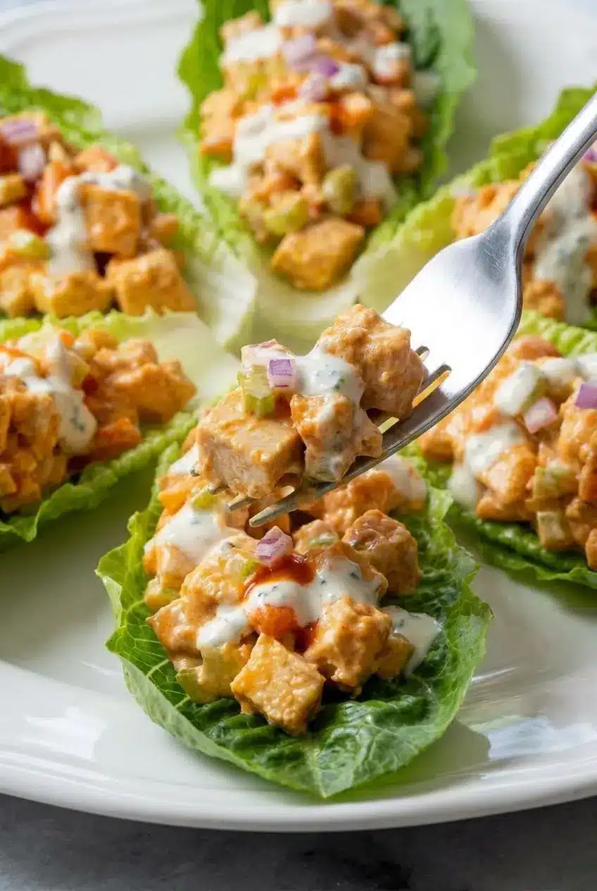 A close-up showing the chunky texture of diced celery and red onion mixed into the creamy Buffalo Chicken Salad.