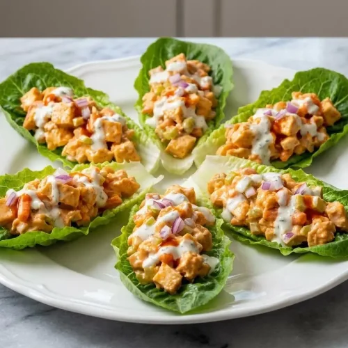 A vibrant bowl of creamy Buffalo Chicken Salad, uniquely seasoned with smoked paprika and celery seed, topped with fresh scallions.