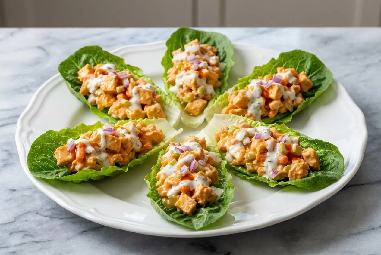 A vibrant bowl of creamy Buffalo Chicken Salad, uniquely seasoned with smoked paprika and celery seed, topped with fresh scallions.