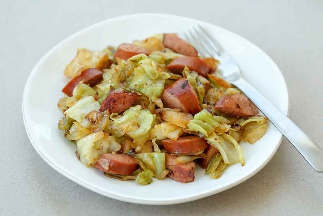 A black skillet filled with Cabbage and Sausage, showing smoky, browned kielbasa and tender-crisp cabbage with a glossy finish.