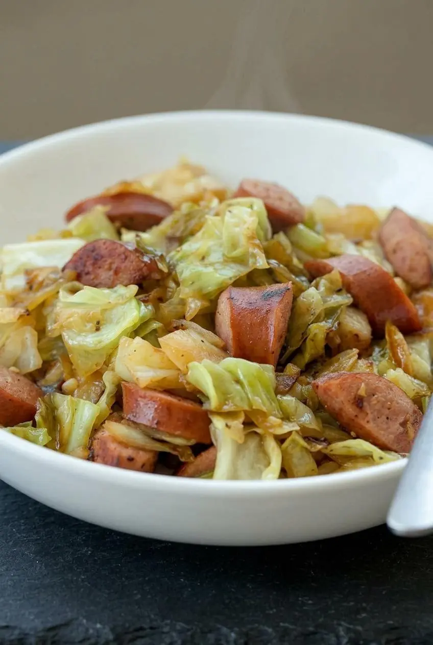 A close-up macro view of cooked cabbage and sausage, highlighting the tender-crisp texture of the cabbage leaves and browned edges of the