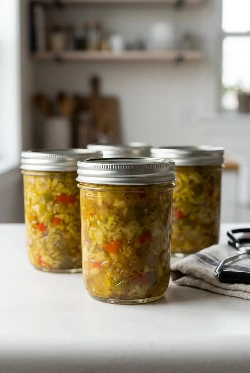 Sealed glass canning jars filled with homemade chow chow relish, ready for pantry storage.