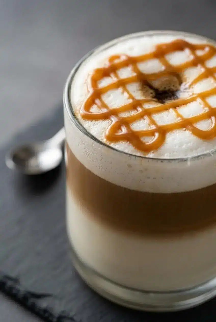 A macro close-up of a caramel macchiato showing the velvety microfoam, a dark spot of espresso, and a detailed drizzle of caramel sauce.