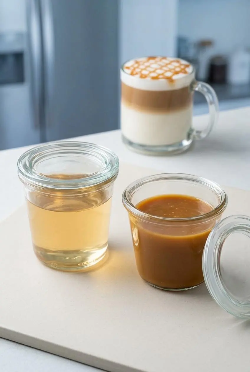 Two glass containers, one with vanilla syrup and one with caramel sauce, ready for storage. A finished caramel macchiato is visible in the