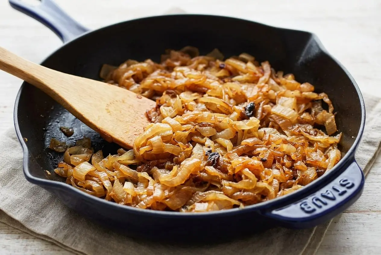 A cast iron skillet filled with deeply browned, jammy caramelized onions, ready to serve.